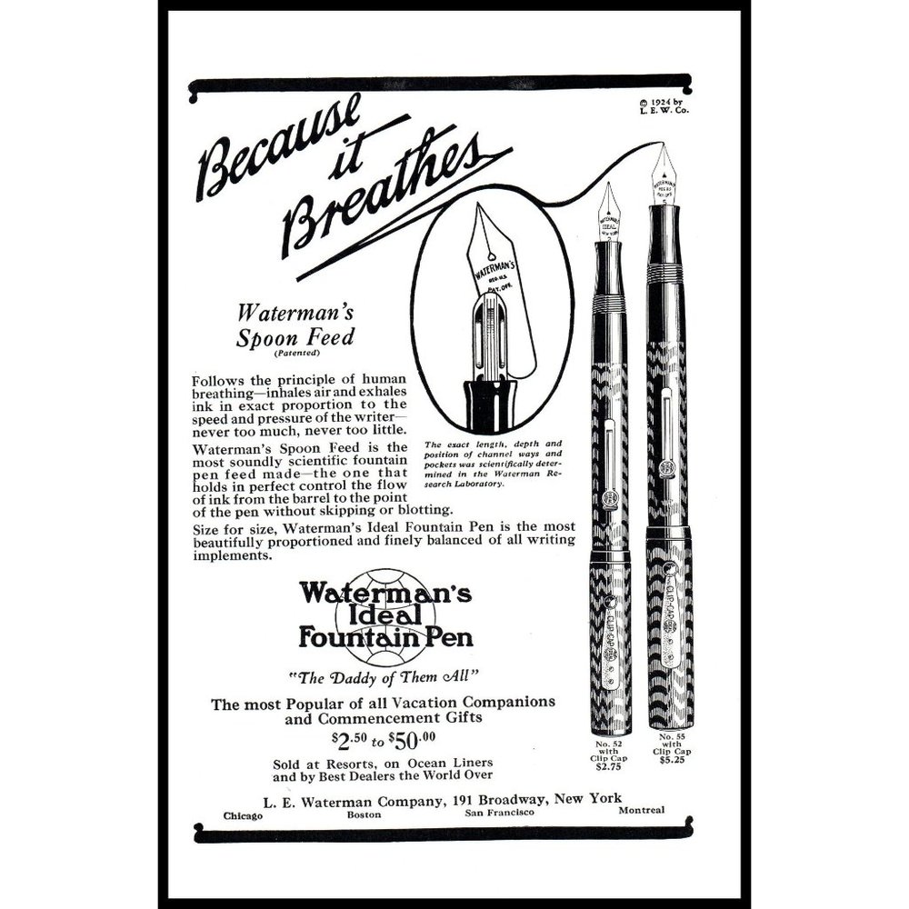 1924 Waterman's Ideal Fountain Pen Vintage Print Ad Spoon Feed Wall Art